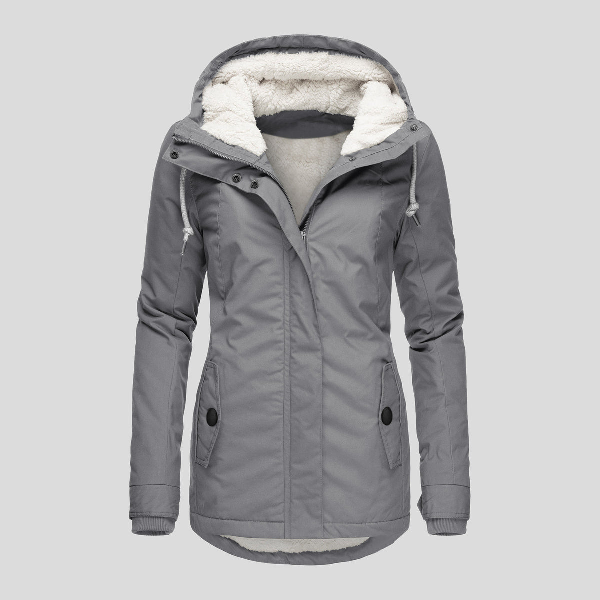 Winter Hooded Jacket Solid Color Warm Buckle Zip-up Fleece Jacket With Pockets Women's Casual Jacket