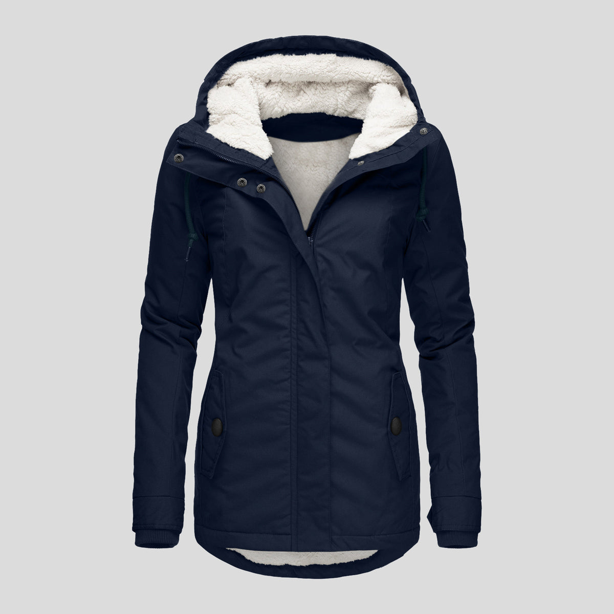 Winter Hooded Jacket Solid Color Warm Buckle Zip-up Fleece Jacket With Pockets Women's Casual Jacket